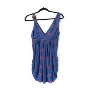 Free People Beaded One-Shoulder Blue Floral Draped Tunic Top Size S Flowy Y2K